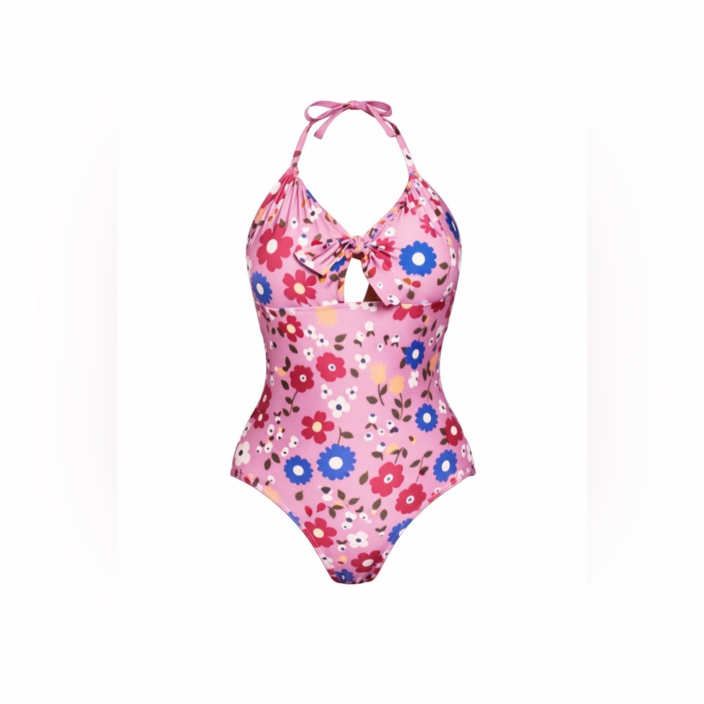 ModCloth Princess Highway Curvy Pink Floral Tie Front One Piece Swimsuit 28